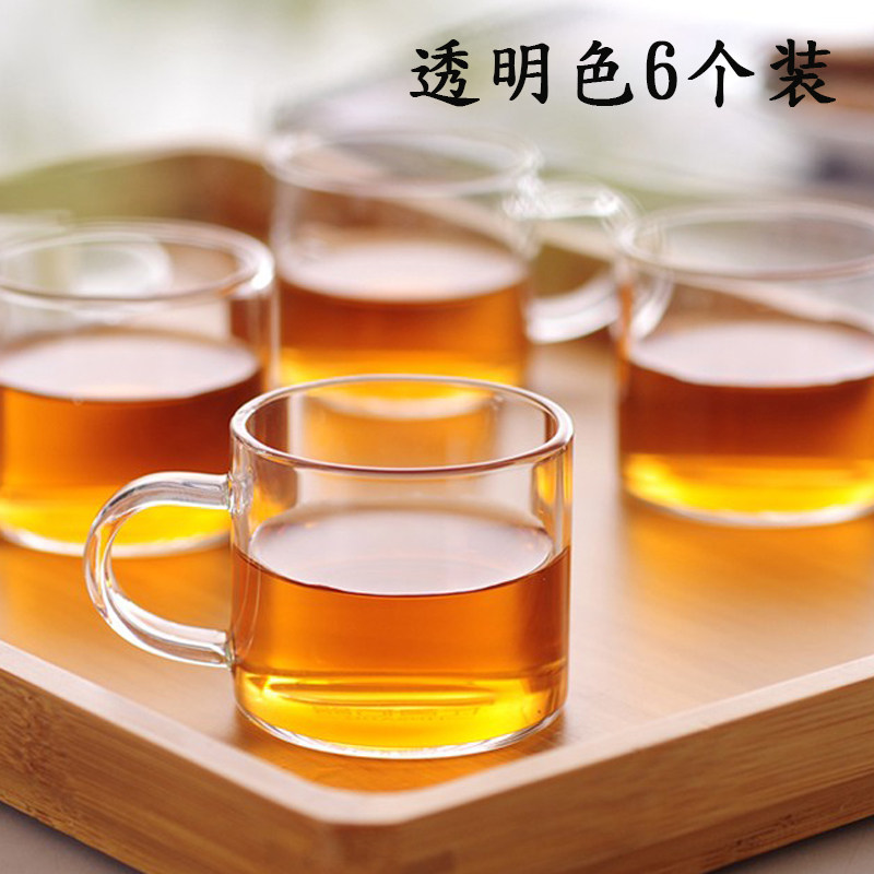 耐高温小把杯55直口茶杯彩色把手透明水杯酒店家用玻璃杯六只装