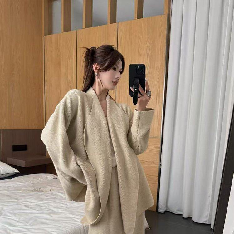 韩版针织开衫外套宽松中长款套装女2025年秋冬慵懒风设计感两件套