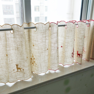 圣诞小鹿刺绣混纺小窗户半截短窗帘飘窗短帘厨房半帘短款 咖啡帘