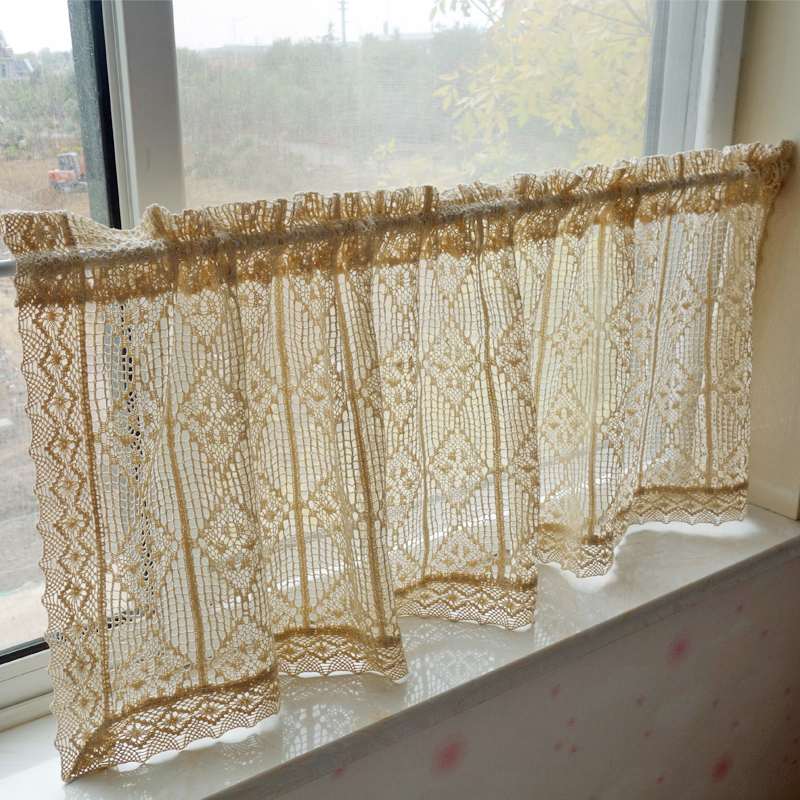 棉线手工拼接钩织中式厨房飘窗短款半帘短帘美式小窗户半截窗帘
