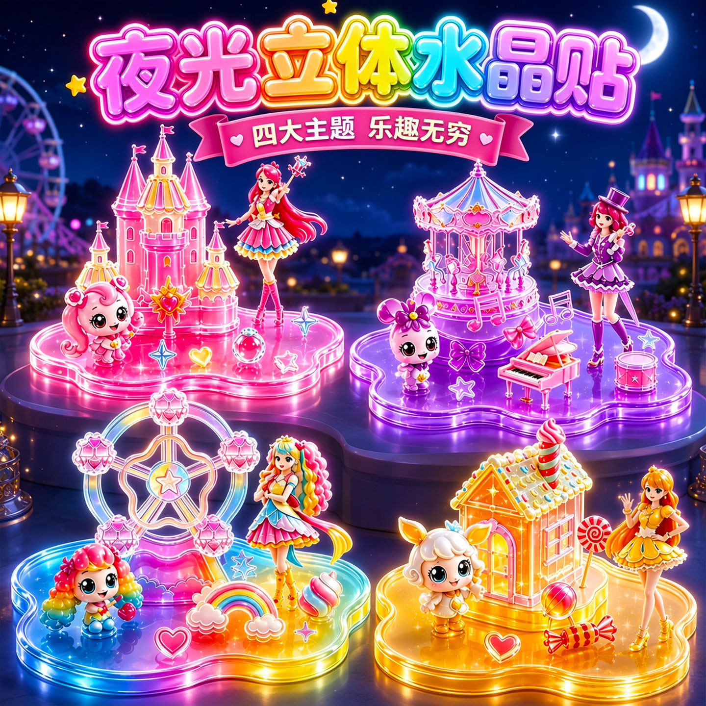 夜光奇妙萌可3D立体浮雕叠叠乐贴纸女孩儿童水晶造景贴画可爱卡通