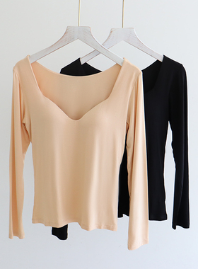 免穿文胸V领聚拢打底带胸垫一体式修身显瘦无痕薄款保暖内衣秋冬