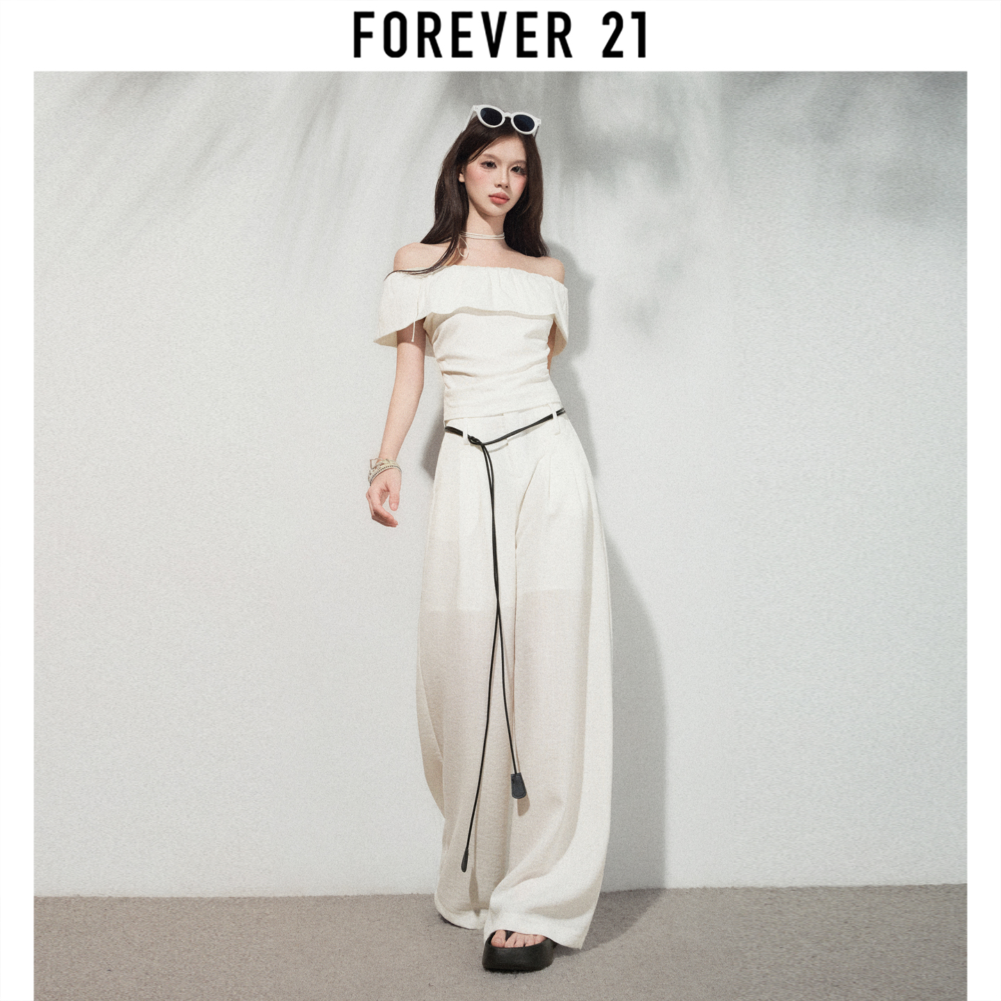 Forever 21白色山本裤女夏季新款高腰慵懒休闲垂坠感肌理阔腿裤