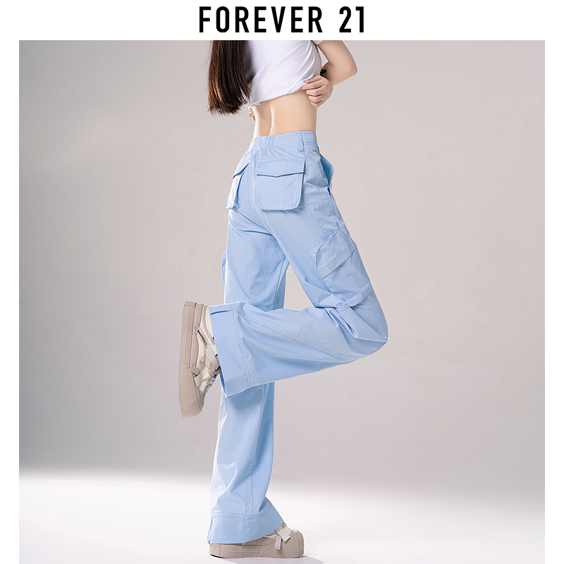 Forever 21蓝色薄款美式工装裤女2024年夏季新款窄版阔腿休闲裤子