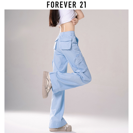 Forever 21蓝色薄款美式工装裤女2024年夏季新款窄版阔腿休闲裤子