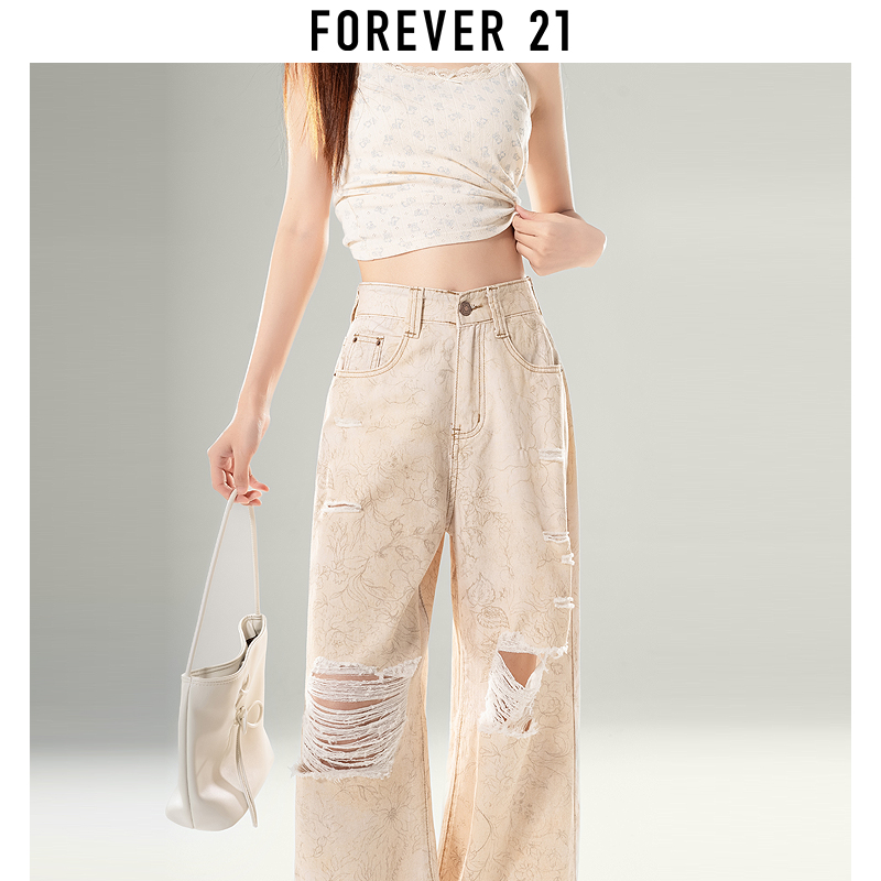 Forever 21复古印花破洞牛仔裤女高腰显瘦辣妹夏季薄款阔腿拖地裤