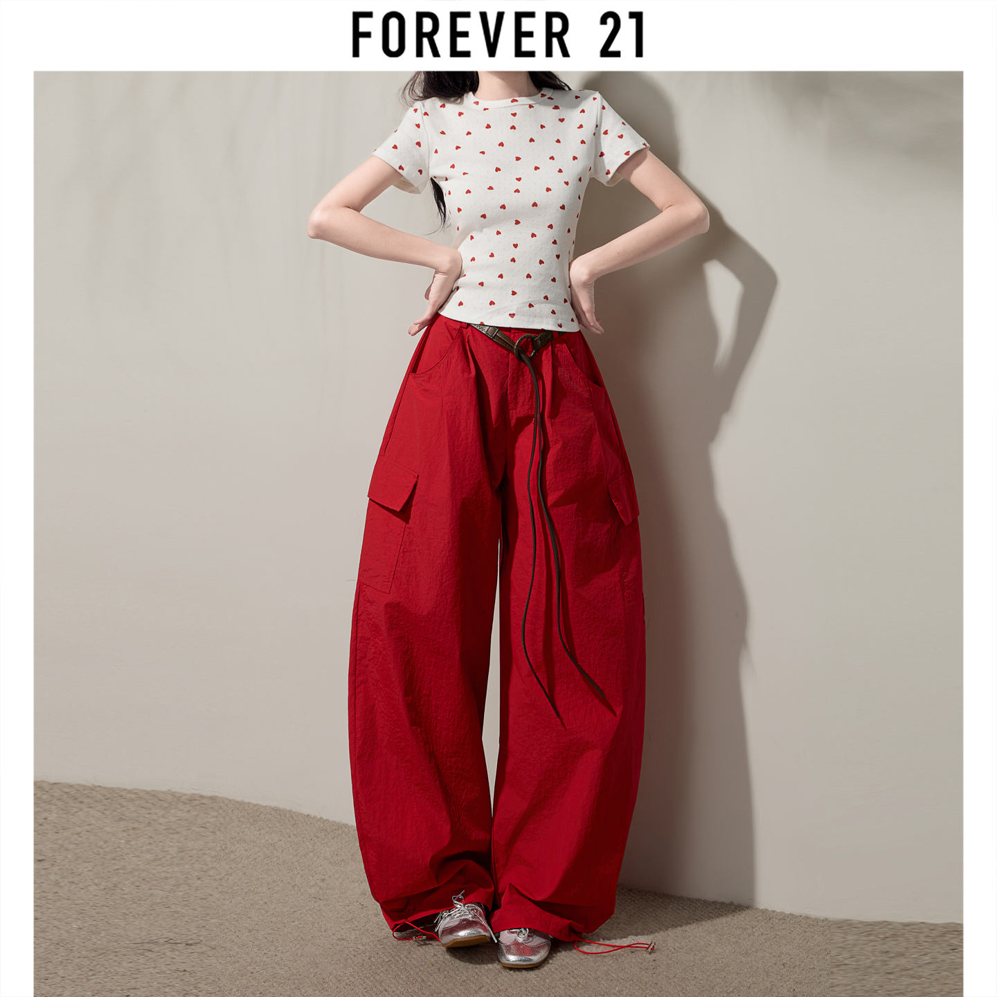 Forever21高腰休闲阔腿裤