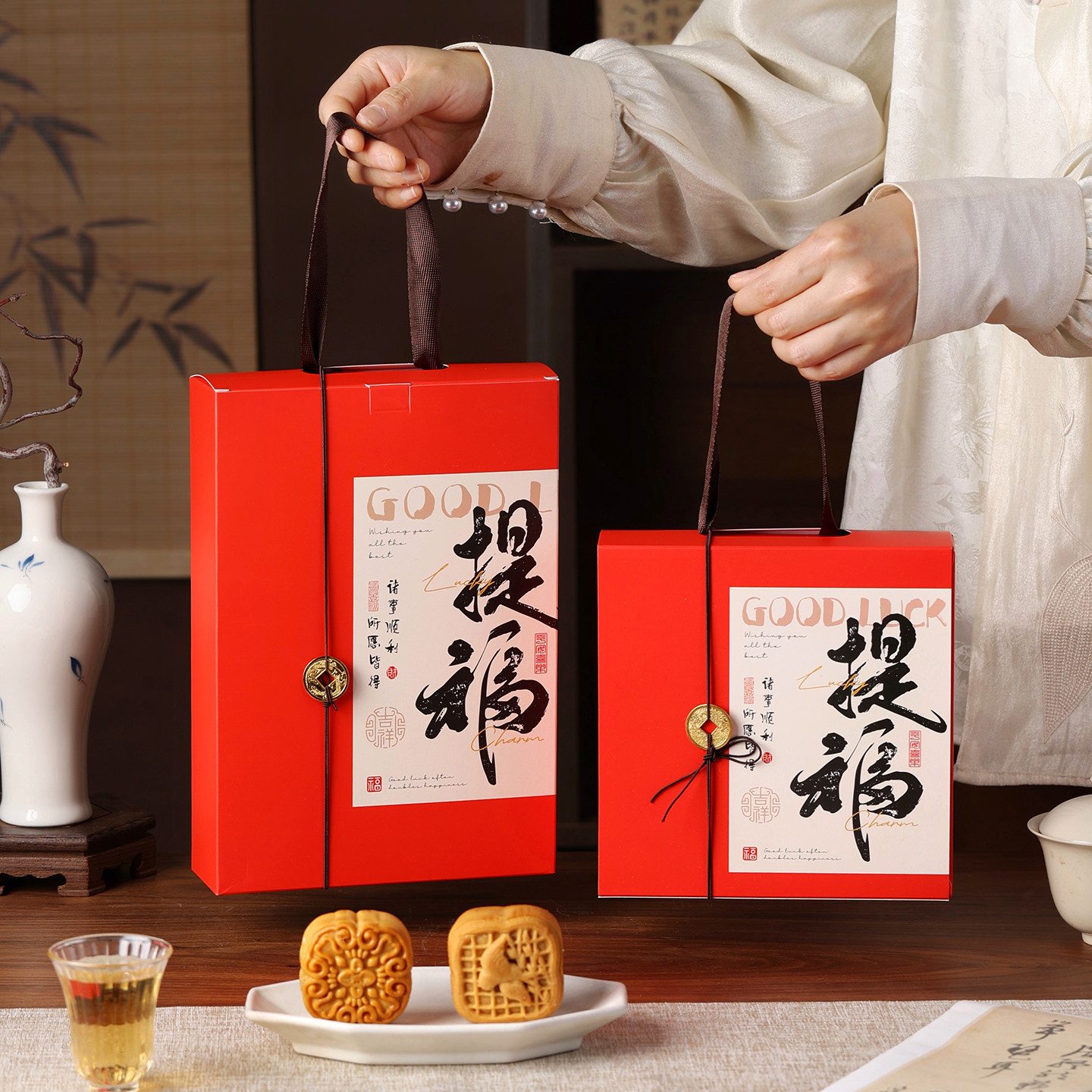 手提蛋黄酥包装盒6粒4装红色提福中秋月饼礼盒高档送礼烘焙糕点盒