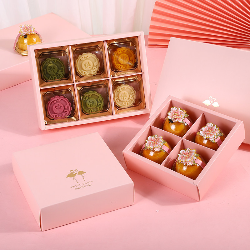 6粒装火烈鸟烫金中秋月饼礼盒50-80克蛋黄酥盒手提纸袋雪媚娘盒