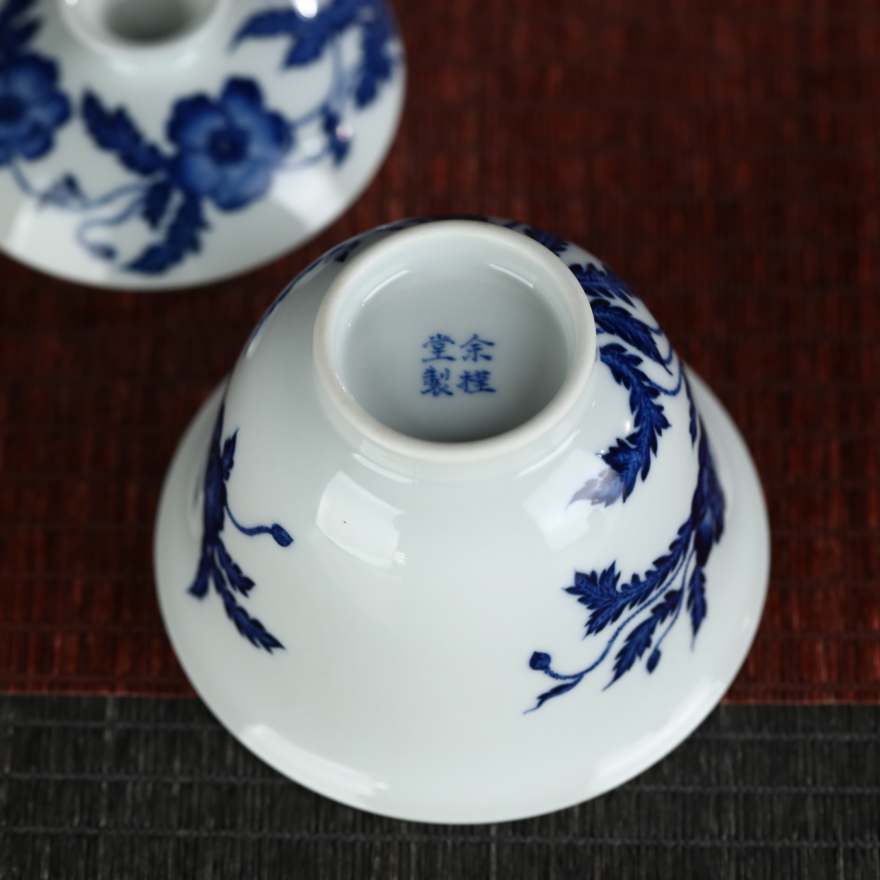 景德镇余槿堂手绘青花虞美人盖碗，容量150cc