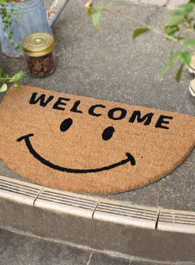 印度进口手工编织椰棕地垫笑脸半圆入户门进门口除尘蹭土脚垫门垫