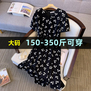 300斤大码法式碎花连衣裙女夏季胖mm200收腰显瘦加肥加大雪纺裙子