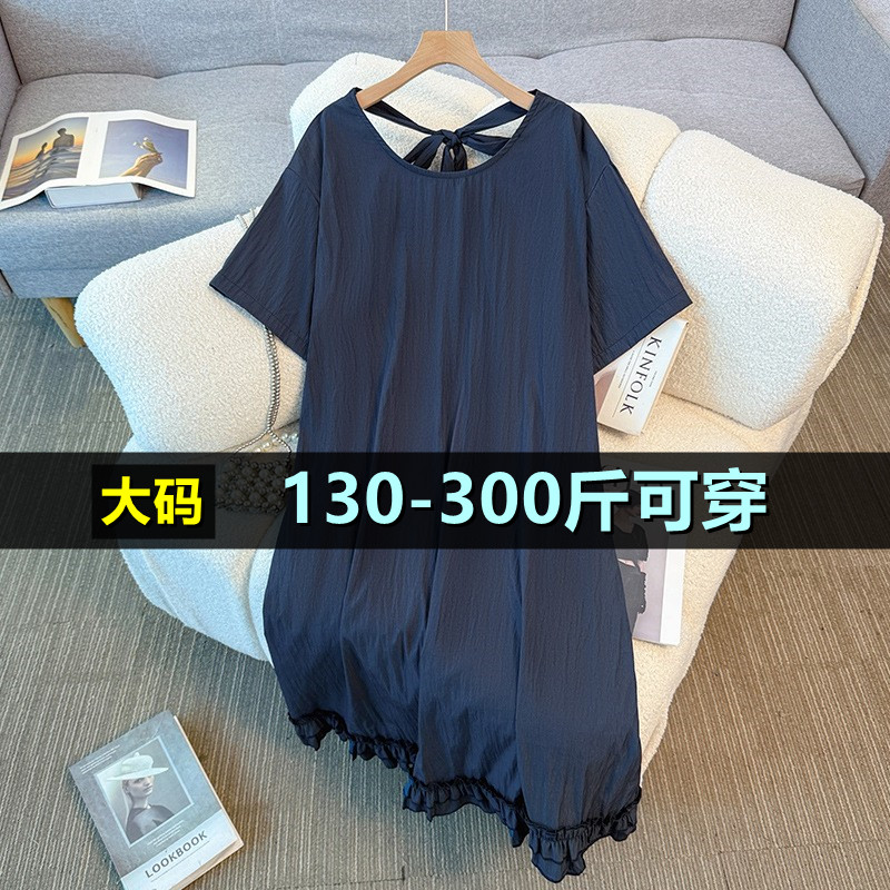 特大码女装木耳边短袖连衣裙夏
