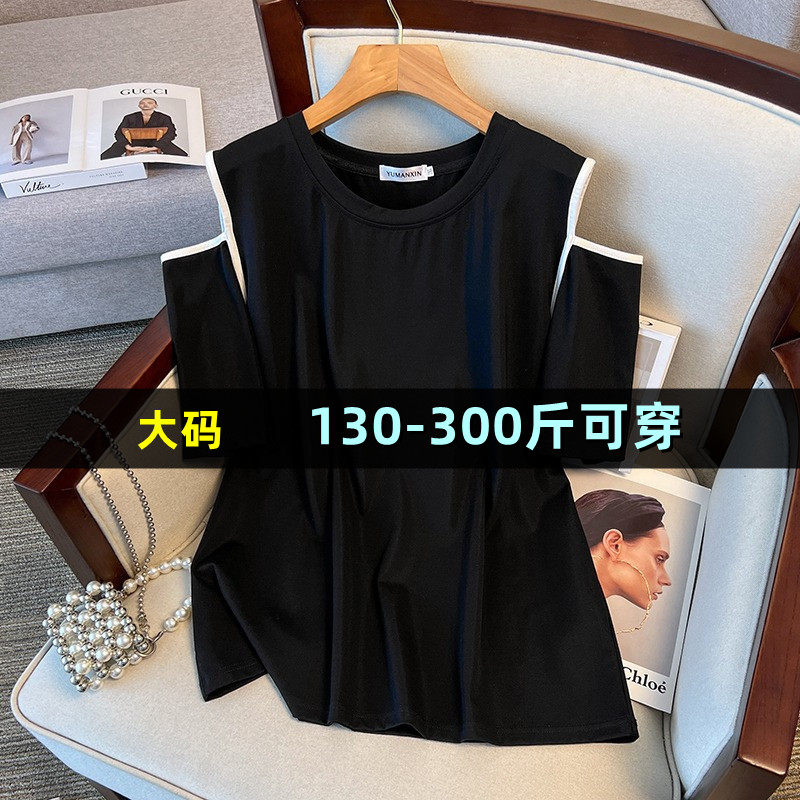 特大码露肩短袖恤女夏季胖mm