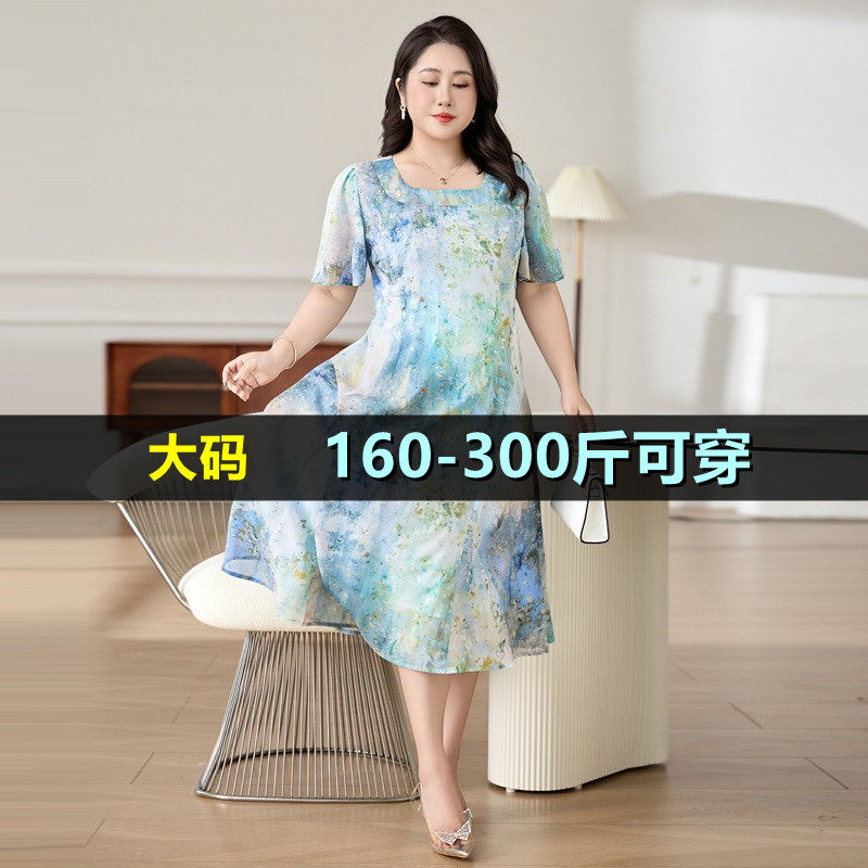 大码女装雪纺短袖长裙女夏200斤