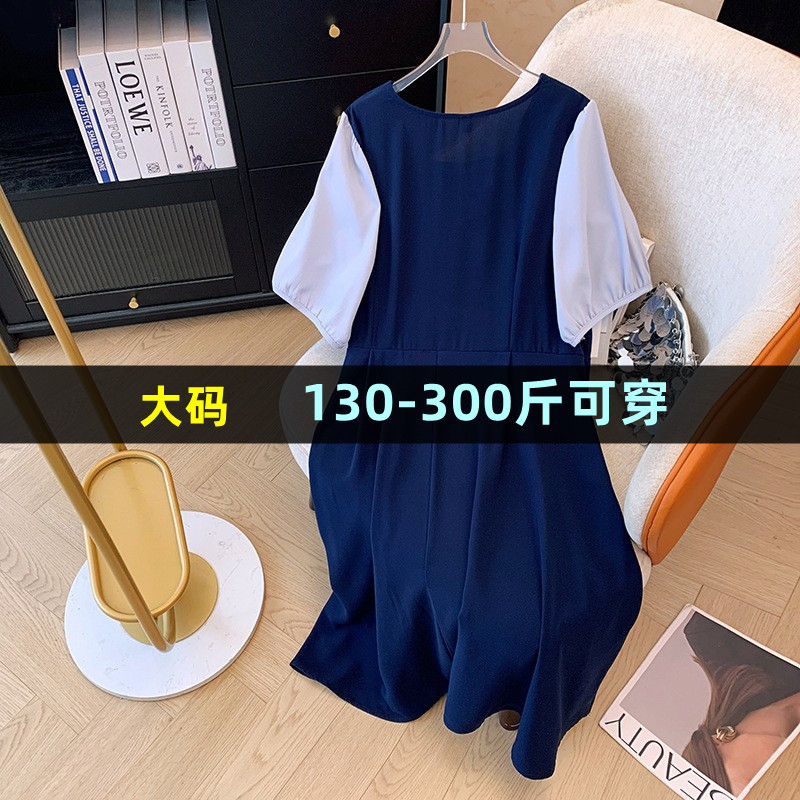 大码女装方领a字短袖连衣裙夏季