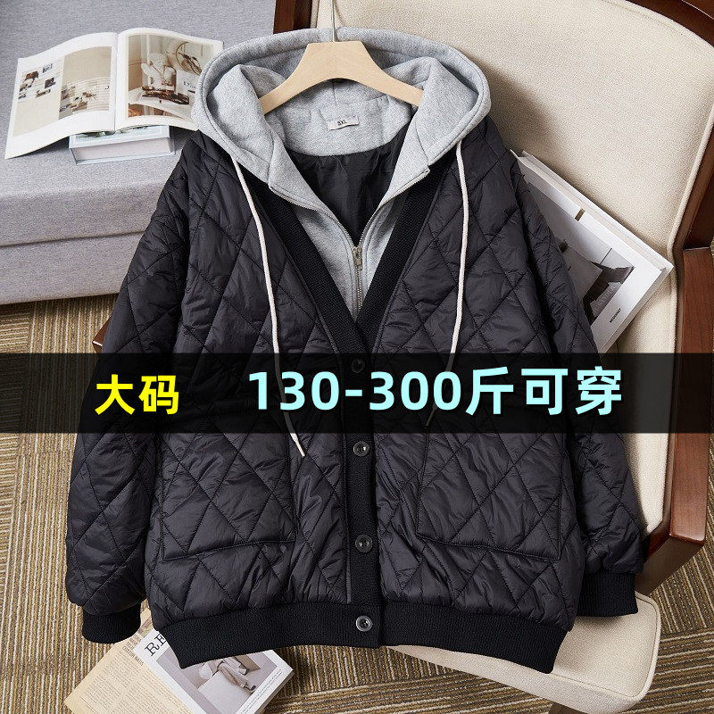 特大码连帽菱格夹棉服秋冬200斤