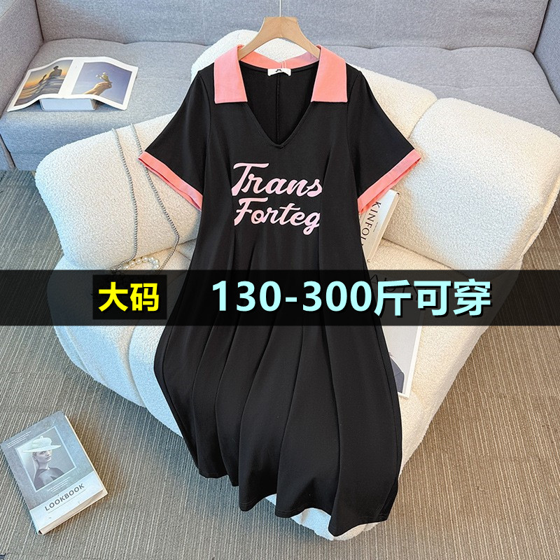 特大码字母印花短袖连衣裙女