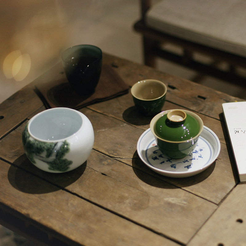 个人泡茶具客厅茶具盖碗家用军绿釉景德镇茶杯中式釉下彩茶具套装