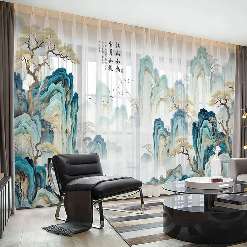 水墨画山水画窗帘客厅阳台书房饭店茶馆风景画中式纱帘古风中国风