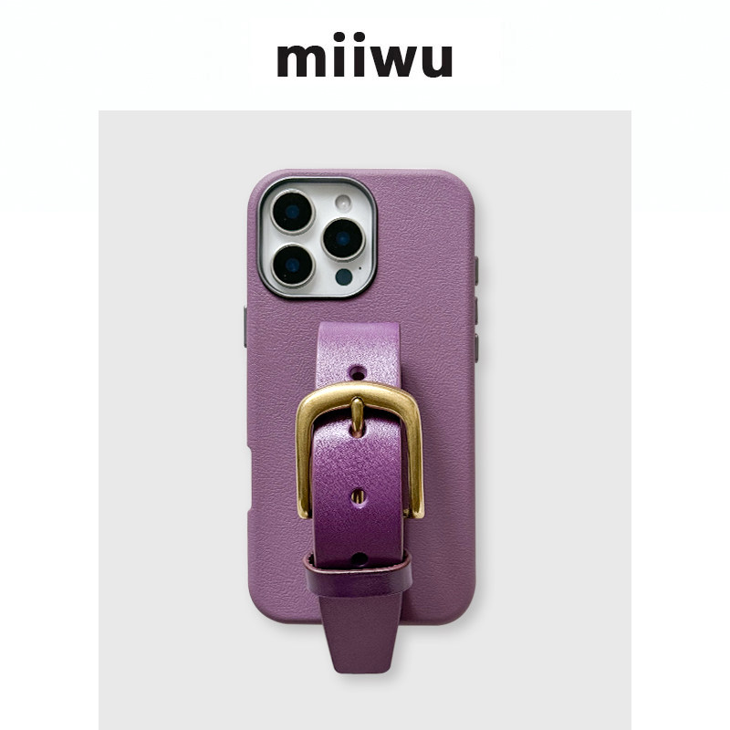 磨砂肌理薰衣草紫植糅牛皮铜精孔iphone16Promax经典铜扣腕带手机壳苹果15/14系列新年款保护套手机保护壳