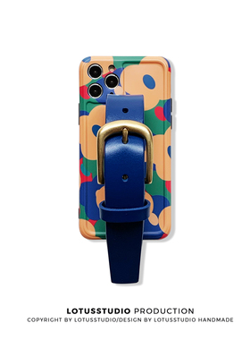 法式蓝色花朵硬壳适用苹果12防摔iPhone11max腕带手机壳全包ins风