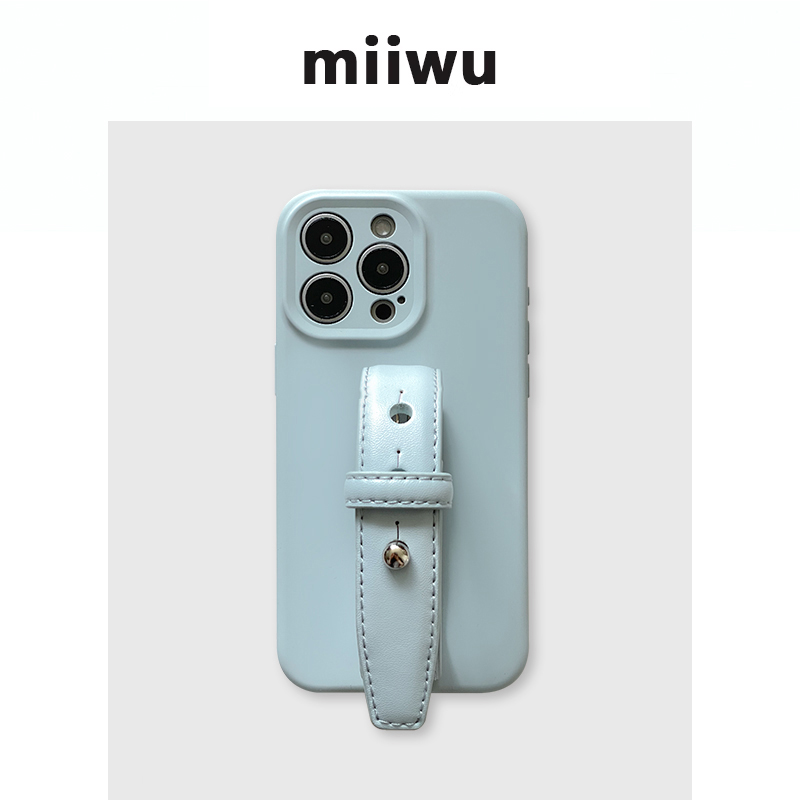 高级烟灰蓝精孔腕带豆豆钉适用苹果16promax手机壳牛皮腕带新款iphone15/14系列原创设计保护套小众ins风