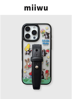 可爱鼹鼠经典卡通黑边软包豆豆钉皮带手机壳系列适用苹果16promax手机壳腕带新款iphone15/14系列便携设计