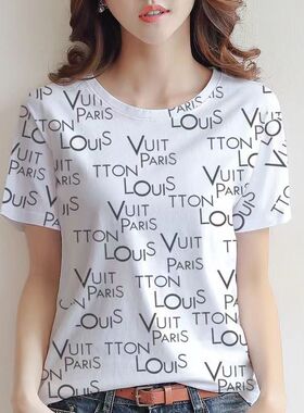 字母印花短袖圆领t恤女夏季新款洋气简约宽松休闲上衣体恤潮