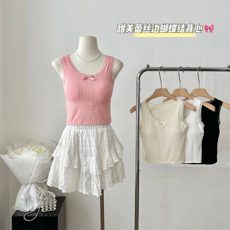 辣妹纯欲带胸垫吊带背心女夏季新款提花蕾丝边短款无袖内搭上衣潮