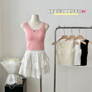 无袖 提花蕾丝边短款 内搭上衣潮 新款 辣妹纯欲带胸垫吊带背心女夏季