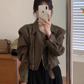 夹克上衣 百搭显瘦机车皮短款 复古pu皮衣外套女新款 春秋小个子时尚