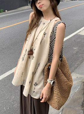 印花衬衫花朵背心上衣2026夏季新款法式复古宽松休闲无袖外穿女装