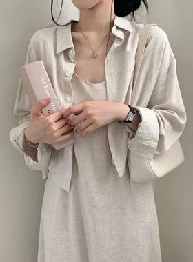 韩版2026春秋法式复古气质减龄性感吊带连衣裙+衬衫外套两件套女