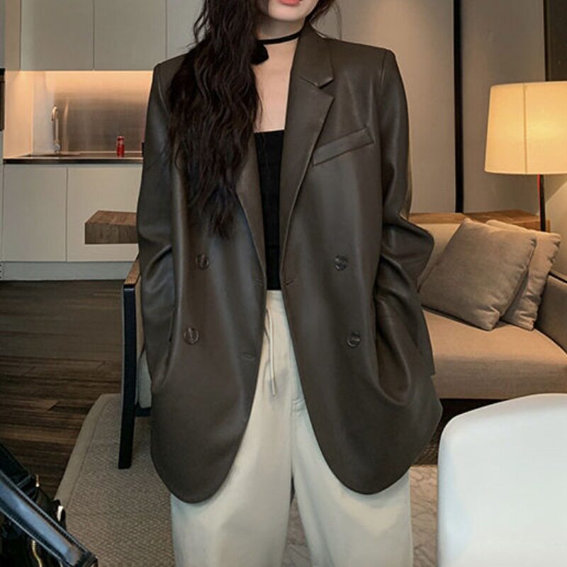 西装皮衣外套女设计感小众pu皮感炸街宽松休闲黑色气质西服潮