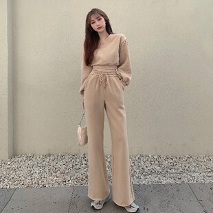 卫衣 女拖地长裤 高腰显瘦阔腿长裤 套装 潮 运动时尚 加绒V领炸街短款