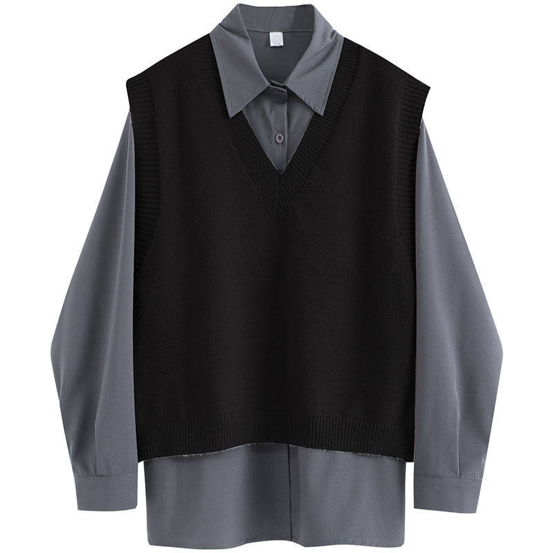 2026衬衫女设计感黑色马甲背心女秋冬百搭针织毛衣坎肩马夹两件套