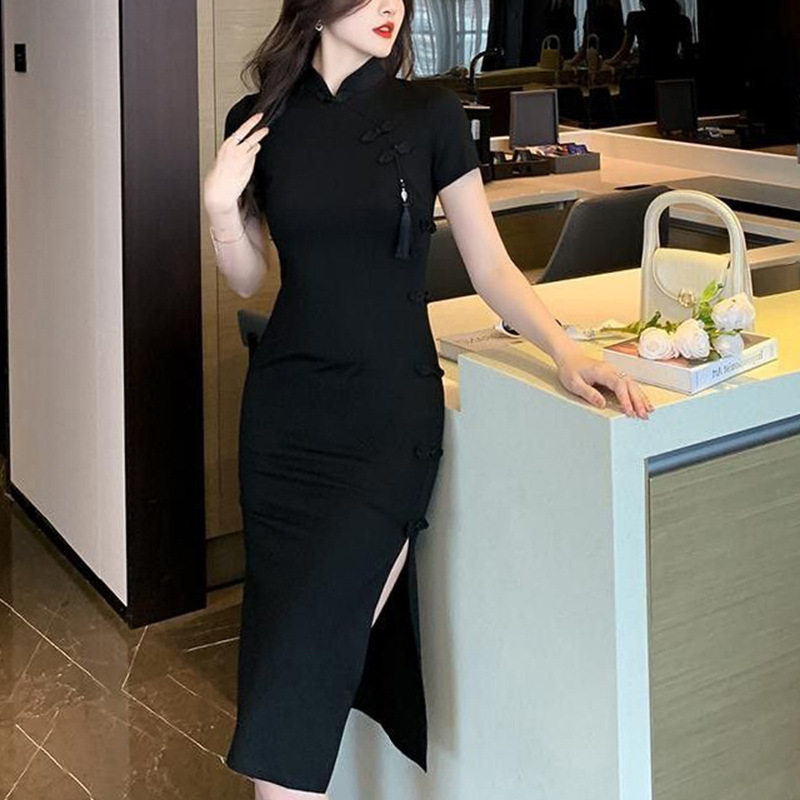 复古新中式改良旗袍女款春夏黑色开叉包臀裙国风流苏盘扣连衣裙子