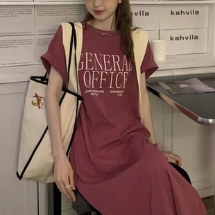 t恤女装 短袖 夏季 过膝开叉连衣裙女中长款 上衣 港风打底衫 韩国大码