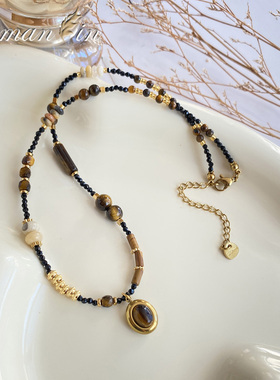 黑棕色虎眼石复古小众设计项链