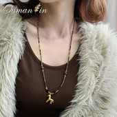 复古咖色串珠小马吊坠项链女高级感轻奢精致装 饰长款 毛衣链配饰品