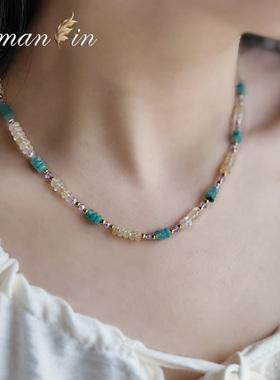 天然石头蓝黄色彩色串珠锁骨链