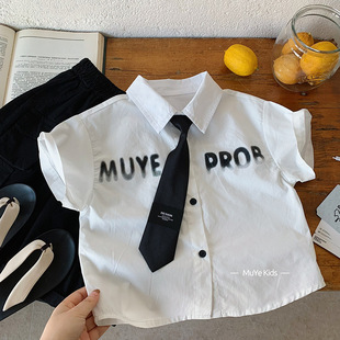 2026夏季新款儿童领带白衬衫男童短袖上衣校服表演服毕业花童衬衣