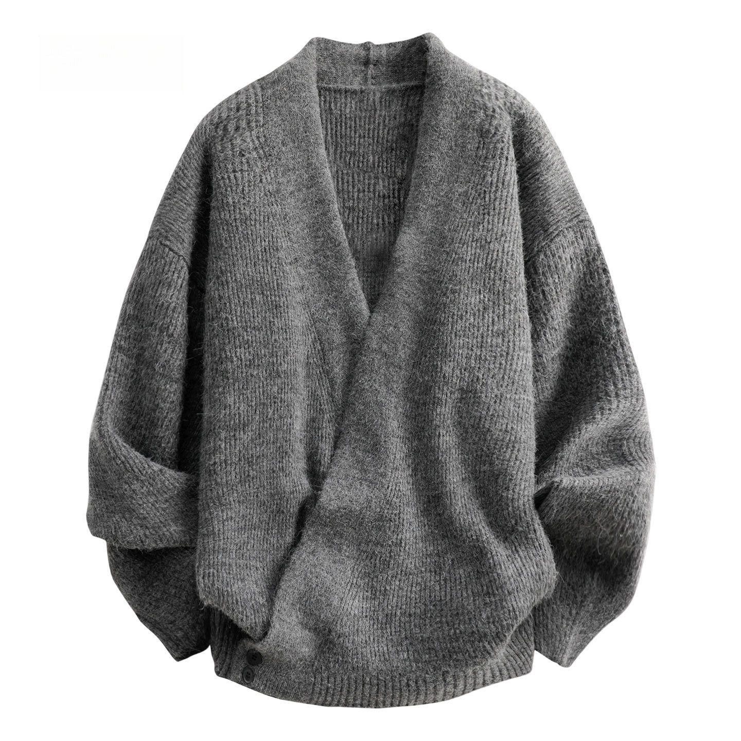日系慵懒风领针织开衫男秋冬季日系灰色休闲毛衣外套黑色浅灰宽松