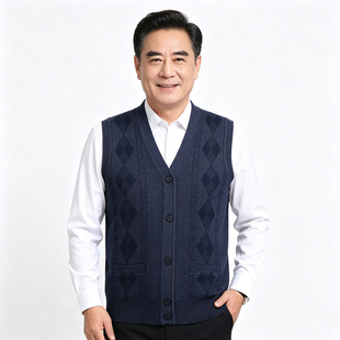 中老年马甲男春秋V领无袖针织开衫爸爸装背心宽松休闲菱格坎肩