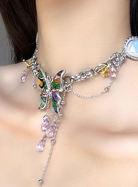 甜酷辣妹y2k重工彩色项链新款小众高级感锁骨链