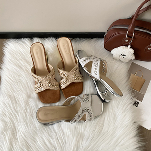 女夏朋克风编织一字带异形跟高跟鞋 方头露趾坡跟凉鞋 增高7cm法式