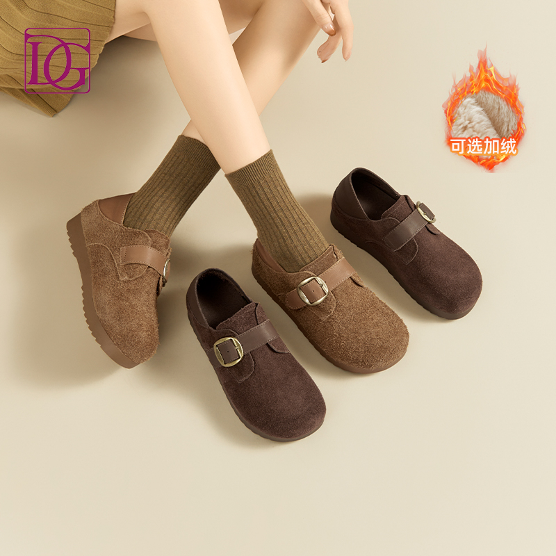 【商场同款】厚底勃肯鞋女全包加绒2025秋新款真皮软底内增高单鞋