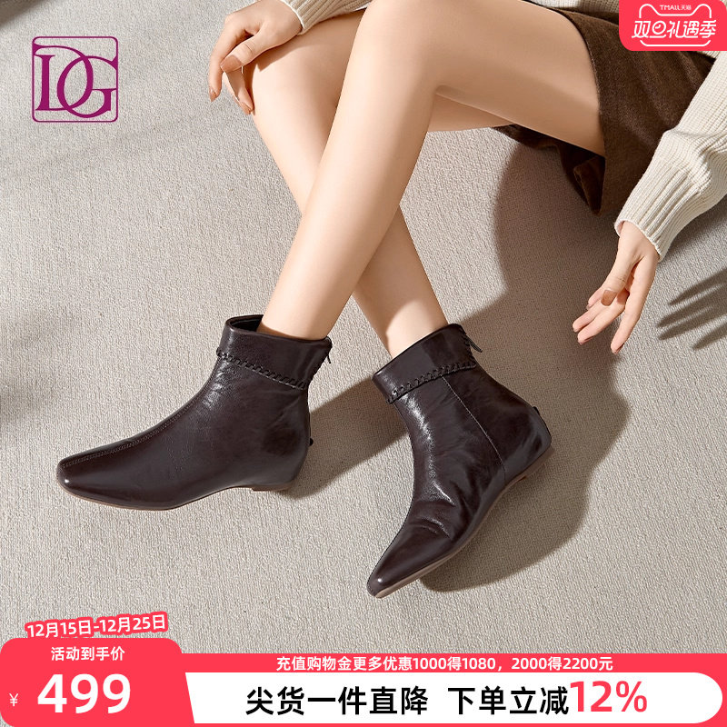 【商场同款】羊皮平底短靴2025秋冬新款时尚方头内增高女靴及踝靴
