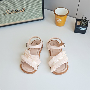 2025夏季 公主凉鞋 新款 小香风珍珠荷叶边女童露趾时尚 韩版 6501童鞋